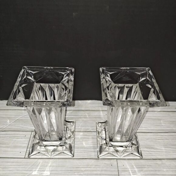 German PartyLite Quad Prism 7” Crystal Square Pedestal Pillar Candle Holder Vase - Picture 1 of 9